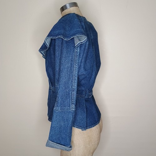 Vintage Bistag Prairie Ruffle Collar Blue Denim Shirt Jacket Sz S Cottagecore - Picture 4 of 9