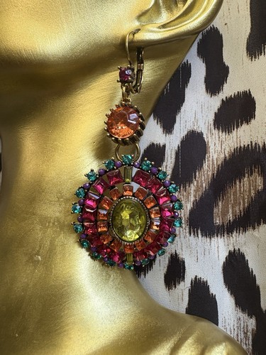 Betsey Johnson Vintage St. Barts LARGE Jeweled Teal Fuchsia Statement Earrings - Picture 2 of 3