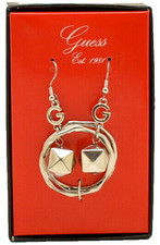 Guess Logo Drop Earrings Silvertone New in Box! 