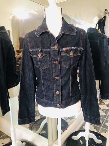 Crest Jeans Vintage Collared Dark Blue Denim Jacket Size Medium Frayed Fringe - Picture 2 of 12