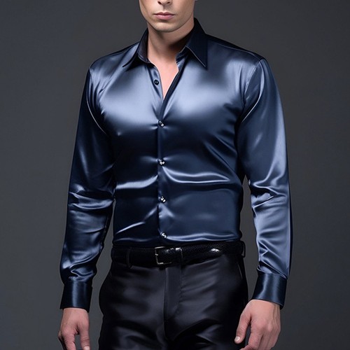 Practical Shirt Casual Cocktail Fashion Satin Silk Slim Fit Button Down - Picture 12 of 25