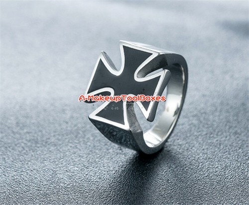 Men's Stainless Steel Heavy Gothic Punk Biker Black Cross Finger Ring 7-13# J517 - Picture 3 of 6