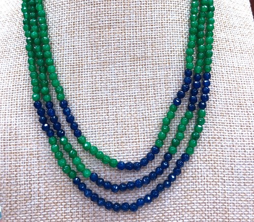 Natural 4mm NATURAL Emerald + Sapphire FACETED BEADS NECKLACE 3 STRAND 17"-19" - Picture 4 of 4