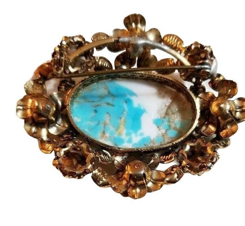 Vintage Gold-Tone Floral Brooch Turquoise-Style Stone Multicolor Rhinestones js4 - Picture 8 of 8