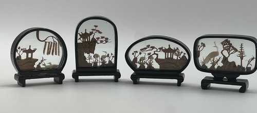 *Set 4 Chinese Diorama Pagoda Glass Display Case Cork Cranes Landscape Miniature