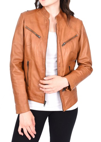 Womens Leather Motorcycle Jacket Multiple Colours Zip Front 4 Pockets Birdie NEW - Picture 71 of 80