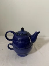 Tea For One Stackable Cup and Tea Pot Design Pac Blue Black Polka Dots