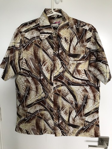 Camisa de campamento hawaiana vintage años 70 poliéster Laui Kai Tiki abstracta talla M EE. UU. - Imagen 2 de 5
