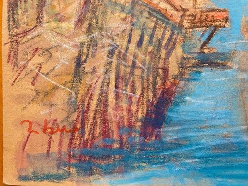 Very Nice Drawing 1960 Landscape Expressionism Boat Canal Cardboard to Identify - Picture 8 of 12