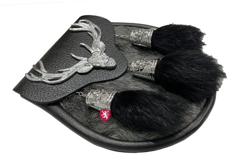 Semi-Dress Scottish Kilt Sporran Stag Head Design with Grey Rabbit Fur & Leather - Picture 2 of 4