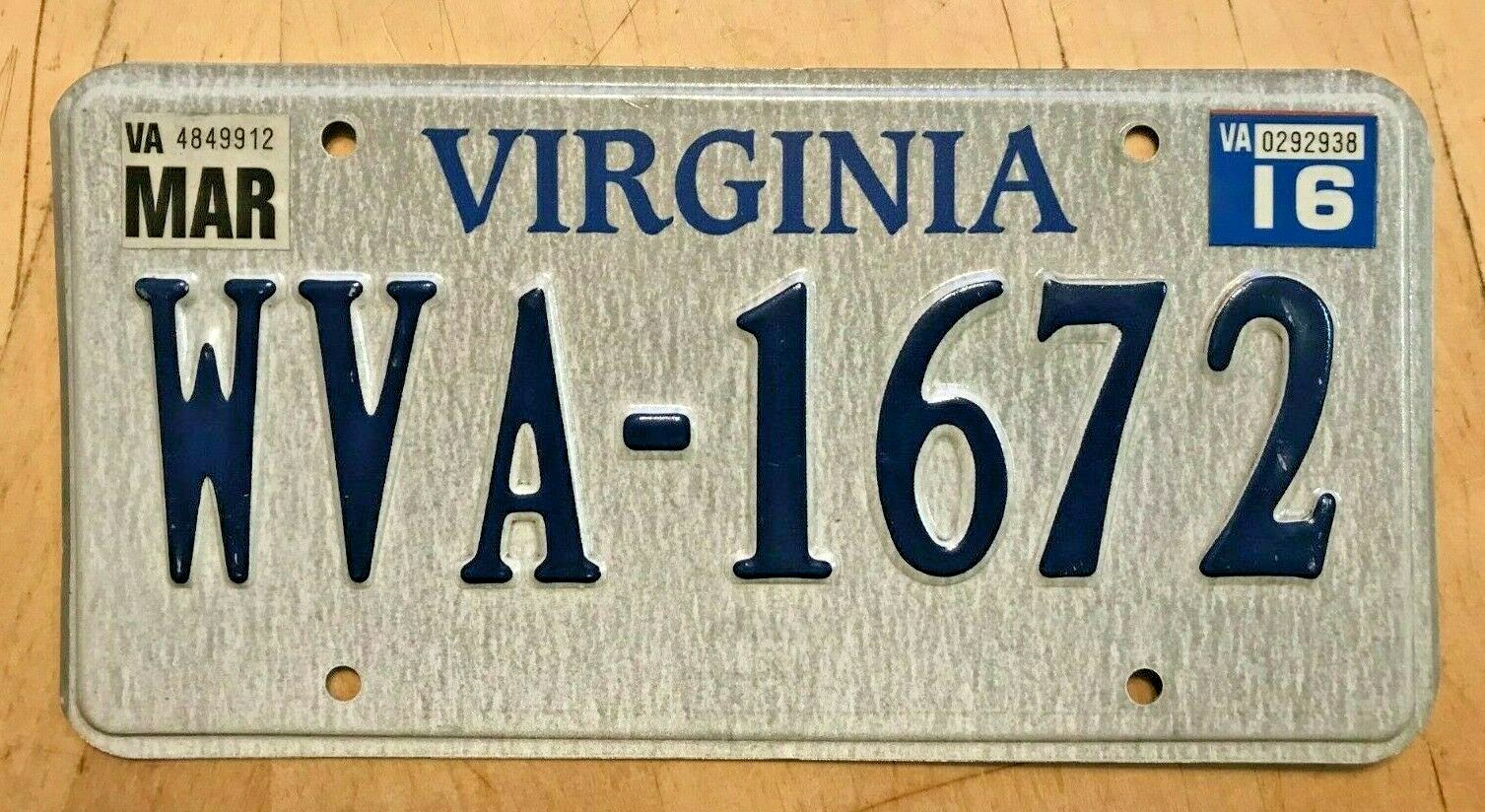 VIRGINIA PASSENGER LICENSE PLATE " WVA 1672 " STATE ABBREVIATION WEST