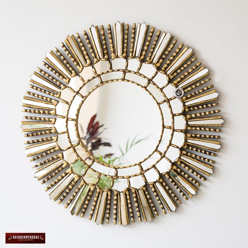 Gold Leaf Wood Wall Round Mirror Peruvian Decorative Sunburst Gold Leaf Wood Wall Round Mirror
