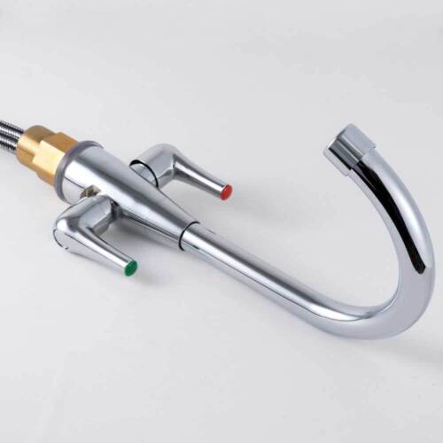 Modern Kitchen Sink Mixer Tap Monobloc Twin Lever Swan Neck Swivel Spout Taps - Picture 13 of 16