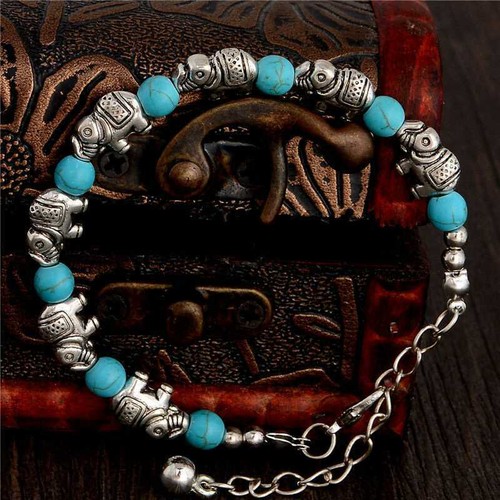 Turquoise Stone Silver Elephant Spirit Animal Bangle Bracelet + Free Gift Bag - Picture 4 of 7