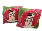 Set/2 Snowman Decorative Throw Pillow Felt Applique Patchwork Christmas 12x12"