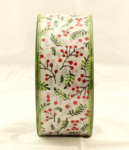 Holly Berry Branches White Linen Wide Wired Ribbon 50 yards NEW christmas winter - Picture 2 of 2