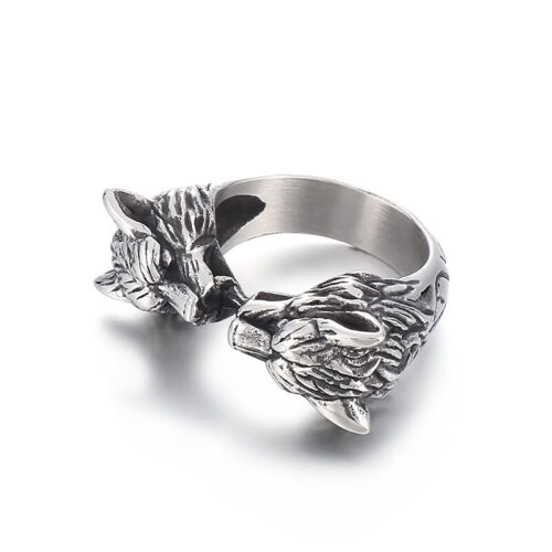 ExcellentJewelry Biker Rings Stainless Steel Growling Wolf Head Men's Ring 9-13# - Picture 2 of 7