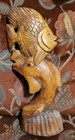 14" Wooden Hand Carved Dolphin W Fish Statue Sculpture Wood Nautical Coastal