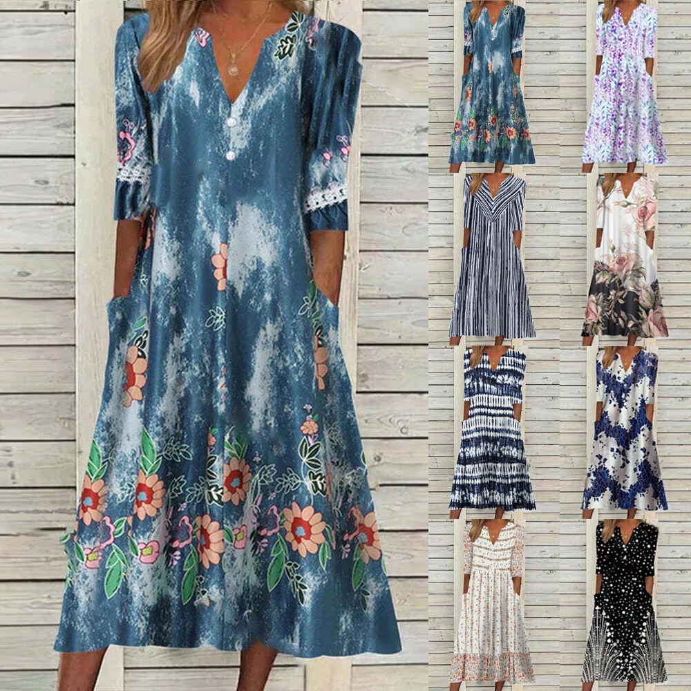 Summer Floral Short Sleeve Midi Dress Ladies Holiday Boho Dresses Plus Size 6 24