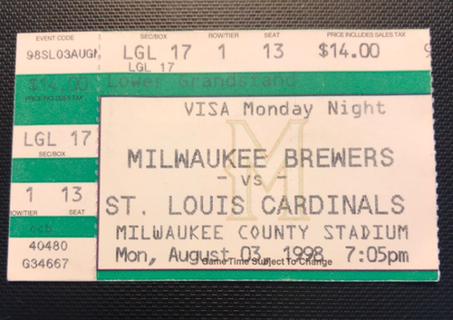 Milwaukee Brewers ticket stub Aug. 3 1998 vs St Louis Cardinals Milw Co Stadium - 第 1/2 張圖片