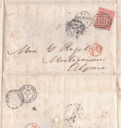 1864 QV 4d HELLROTE BRIEFMARKE AUF GB-UMSCHLAG NACH MOSTAGANEM ALGERIEN ÜBER LYON FRANKREICH