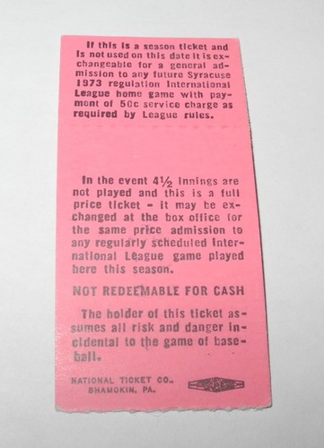 1973 Baseball Syracuse Chiefs Pawtucket Red Sox Ticket International League 7/14 - Picture 2 of 2