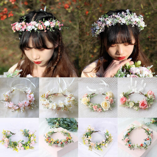 Women Floral Garland Headband Flower Crown Wreath Wedding Party Tiaras Headwear - Picture 1 of 38