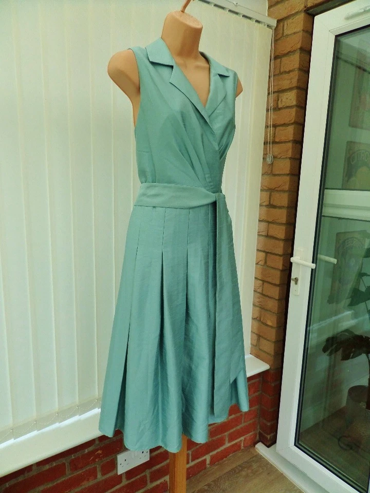 VESTIDO MIDI JESSICA HOWARD VERDE MAR SATÉN AÑOS 50 NUEVA YORK PLISADO ACAMPANADO 14 DOS VECES Foto 2 de 4