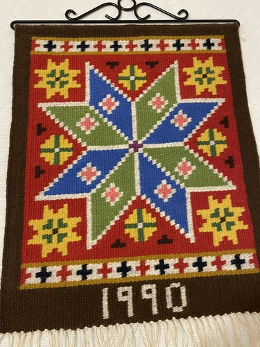 Tapiz colgante de pared estrella de lana escandinava tejida a mano 1990 Kilim gancho de metal Inc - Imagen 4 de 11
