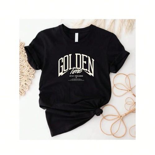 100% Cotton Golden Time Letter Printed T-shirt, Casual Fashion Short Sleeve - Picture 12 of 12
