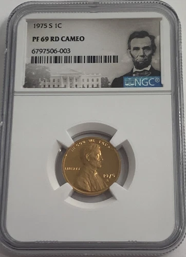 1975 S NGC PF69 RD CAMEO RED PROOF LINCOLN MEMORIAL PENNY 1C PORTRAIT LABEL