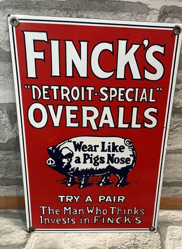 Collectible Finck's "Detroit-Special Overalls porcelain metal Advertising Sign - Picture 4 of 11