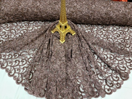 Lace Embroidered Beaded Dark Mauve Mesh Bridal Evening Dress Fabric By The Yard - Picture 3 of 12