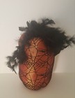 ORANGE SATIN & BLACK SPIDER WEB PLUSH PUMPKIN w Feathers Halloween fall decor