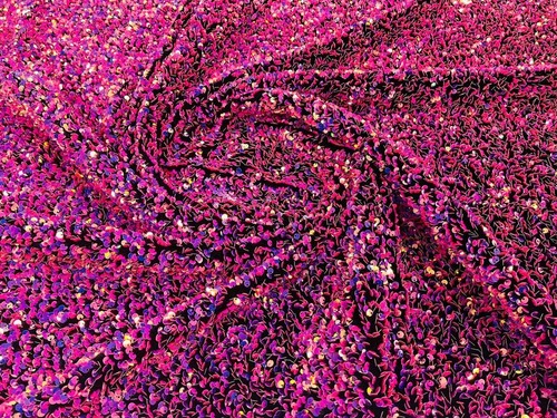 Fuchsia/GoId ridescent 5mm sequins on a Black stretch velvet 2 way stretch,yard - Picture 2 of 3