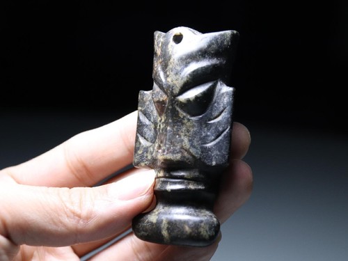 Old Black Stone Jade Carved Sanxingdui Ruins Figure Head Face Mask Pendant CX448 - Picture 4 of 11