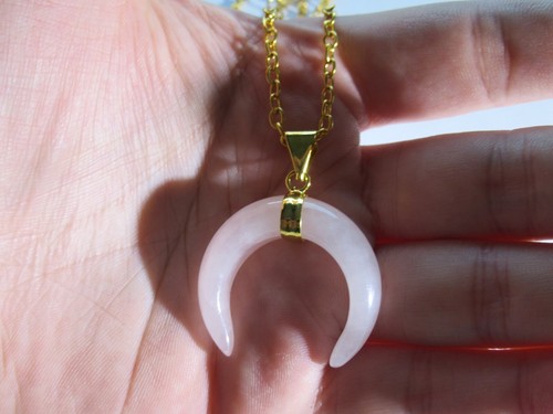 Rose Quartz Natural Crystal Crescent Moon Pendant Gold Celestial Charm Necklace - Picture 5 of 6