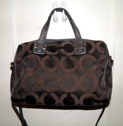 COACH Op Art Logo Handbag Brown Sateen Canvas & Leather Shoulder Bag Purse - Picture 5 of 12
