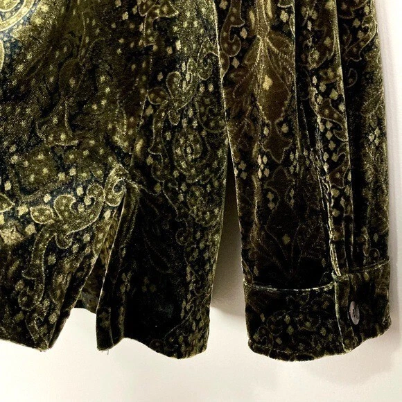 Blusa vintage de terciopelo con botones para mujer talla XL cuello muesca estampado damasco verde Foto 4 de 4