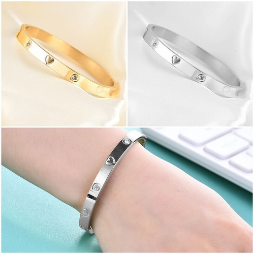 Luxury Love Heart Stainless Steel Cuff Wristband Bangle Foe Women Bracelets - Picture 1 of 18