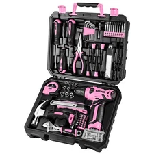 Home Tool Kit with Pink Cordless Drill and Comprehensive Set 126 Piece