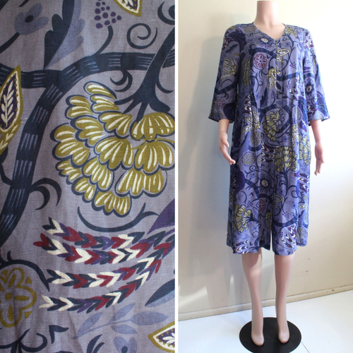 Gudrun Sjoden Dress S Linen Floral Shift 3/4 Sleeve Button V Neck Periwinkle - Picture 4 of 9
