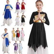 Kids Girls Long Sleeve Praise Dance Dress Liturgical Worship Tunic Dress