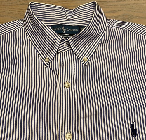 Polo Ralph Lauren Classic Fit Blue Vertical Striped Mens 17 34/35 Long Slv Shirt - Picture 1 of 20