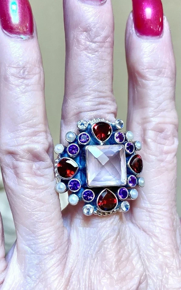 HERMOSO Nicky Butler Grande Edición Limitada Cuarzo rosa de plata de ley, granate, etc. Anillo Foto 4 de 4