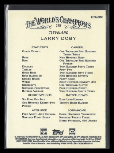2022 Topps Allen and Ginter Chrome Refractors #279 Larry Doby - Picture 2 of 2