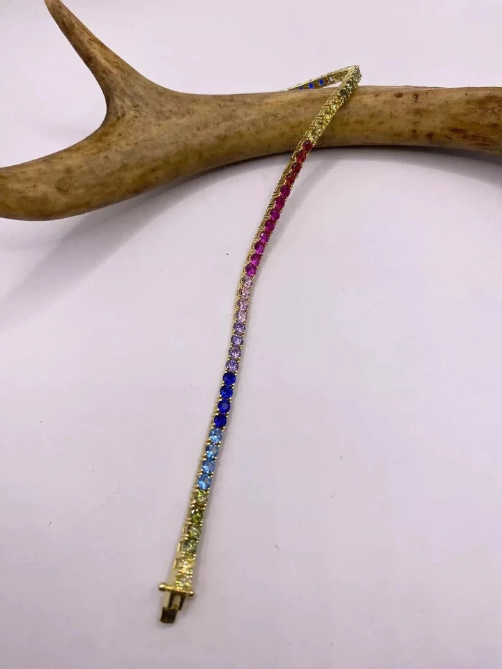 9Ct Round Lab Created Rainbow Sapphire Luxury Tennis Bracelet 10K Yellow Gold - Image 4 of 4