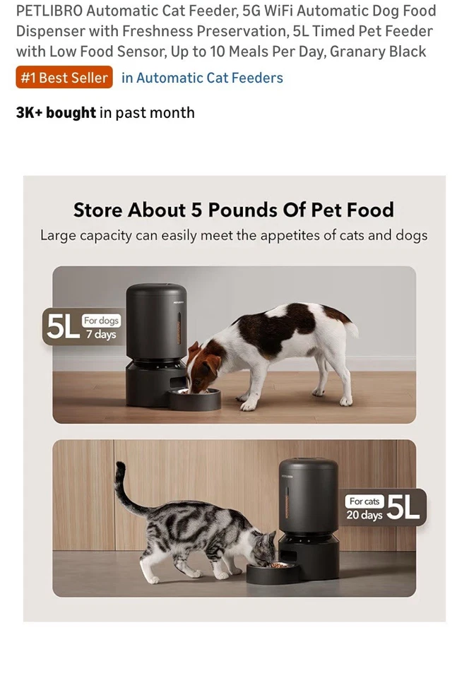 PETLIBRO Doble Tazón Aplicación Inteligente Alimentado 5L Alimentador WiFi PLAF103 Negro Foto 4 de 4