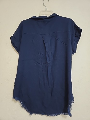 Umgee Top Womens L Large Navy Linen Slub Sleeve Collared Tunic Blouse Frayed - Imagen 2 de 10
