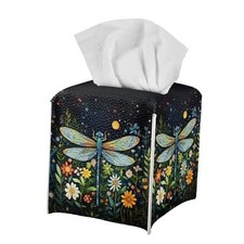 Tissue Box Cover PU Leather Square Tissue Case Organizer with Bottom Dragonfly